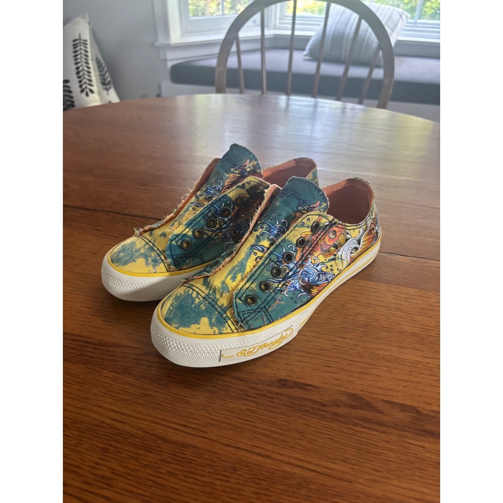Vintage Rear Ed Hardy Womens Low Top Sneakers Tattoo Koi Fish Women's Sz 8